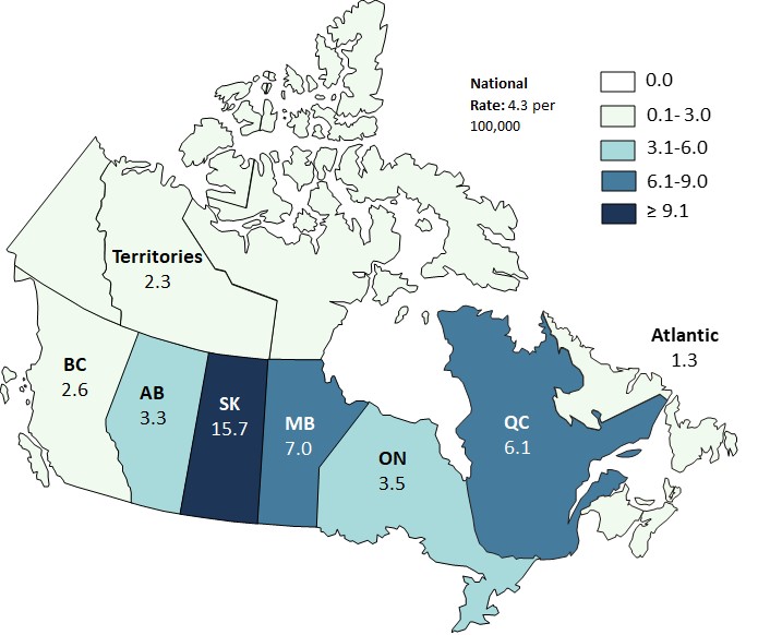 Figure 3: HIV diagnosis rate per 100,000 population, by province or territory, Canada, 2020