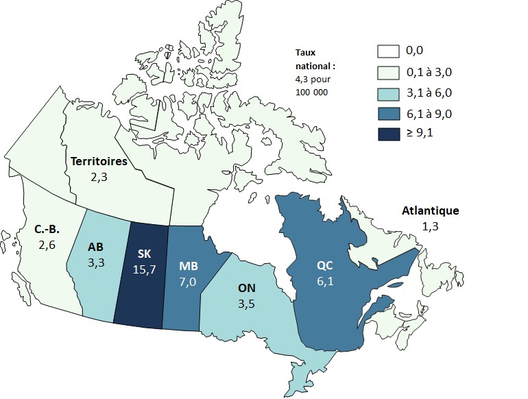 Figure 3 : Taux de diagnostic du VIH pour 100 000 habitants, par province ou territoire, Canada, 2020