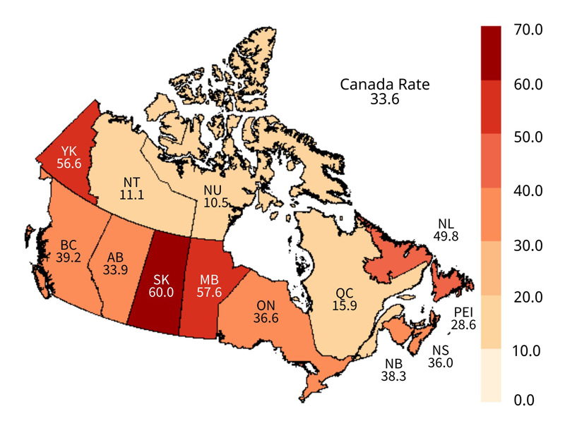 Figure 10. Geographical distribution of rates of reported cases of HCV infection across provinces and territories in Canada, CNDSS, 2018