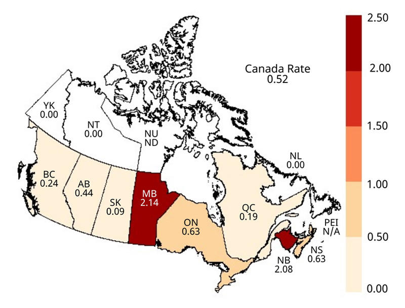 Figure 2. Geographical distribution of rates of reported cases of acute HBV infection across provinces and territories in Canada, CNDSS, 2018