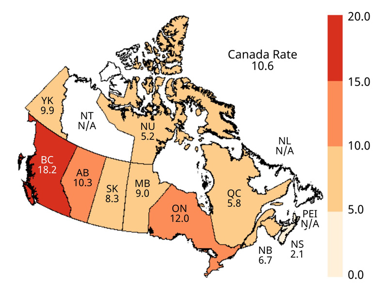 Figure 6. Geographical distribution of rates of reported cases of chronic HBV infection across provinces and territories in Canada, CNDSS, 2018