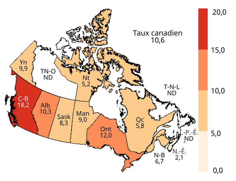 Figure 6. Répartition géographique des taux de cas déclarés d'hépatite B chronique par province et territoire au Canada, SCSMDO, en 2018
