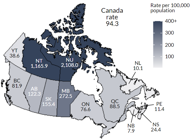 Figure 11. Rates of reported gonorrhea cases in Canada, by province/territory, 2019. Text description follows.