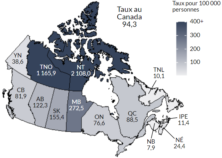 Figure 11. Taux de cas déclarés de gonorrhée au Canada, par province et par territoire, 2019. Équivalent textuel ci-dessous.