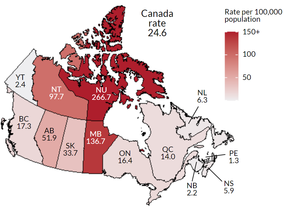 Figure 16. Rates of reported infectious syphilis cases in Canada, by province/territory, 2019. Text description follows.