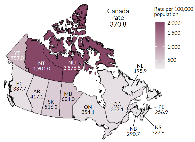 Figure 6. Rates of reported chlamydia cases in Canada, by province/territory, 2019. Text description follows.