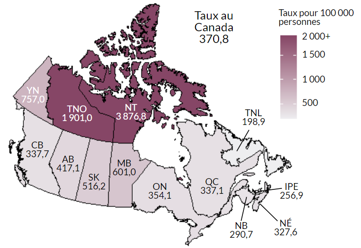 Figure 6. Taux de cas déclarés de chlamydiose au Canada, par province et territoire, en 2019. Équivalent textuel ci-dessous.