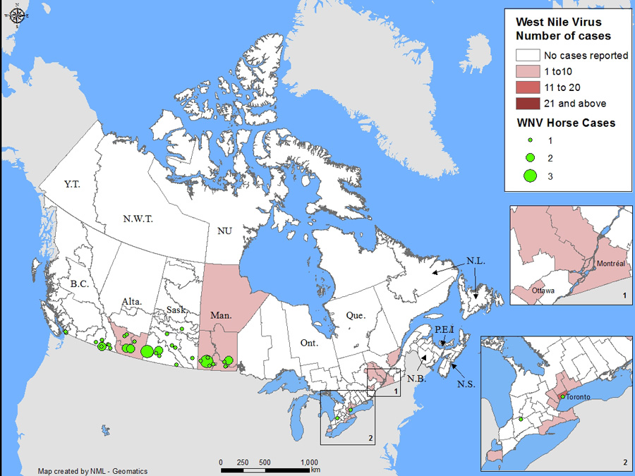 Map of West Nile Virus number of cases