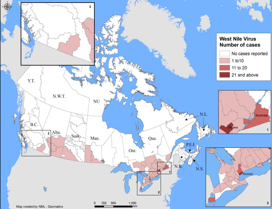 Figure 1: Geographic distribution of WNV human clinical cases and asymptomatic infections in Canada, 2017