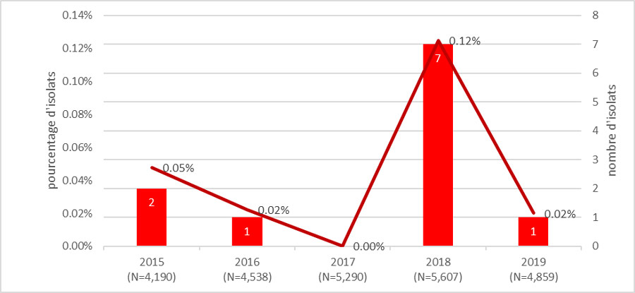 Figure B. Tendances de Neisseria gonorrhoeae UR-GC au Canada de 2015 à 2019