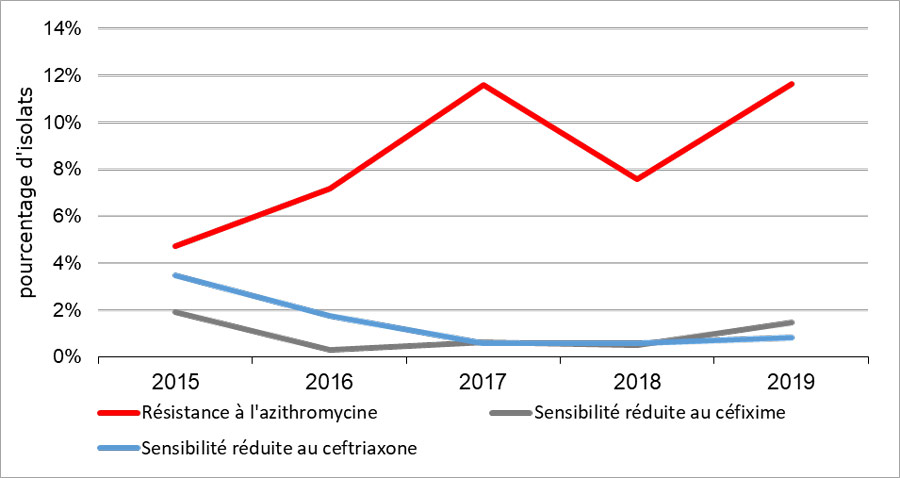 Figure C. Tendances de la sensibilité aux antibiotiques de Neisseria gonorrhoeae au Canada, 2015-2019