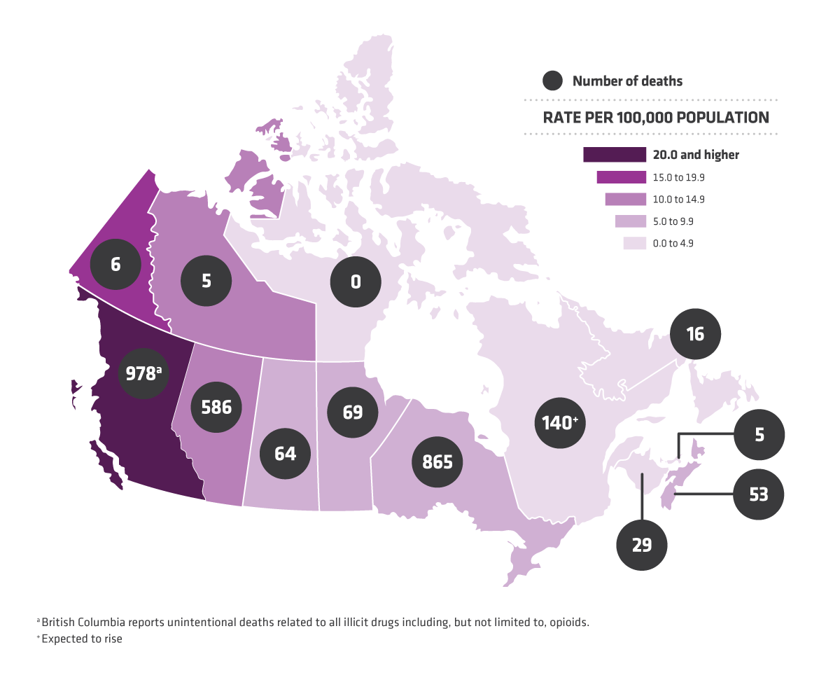 Figure 1. Apparent opioid-related death rates (per 100,000 population) by province or territory, 2016 (as of August 29, 2017). Text description follows.