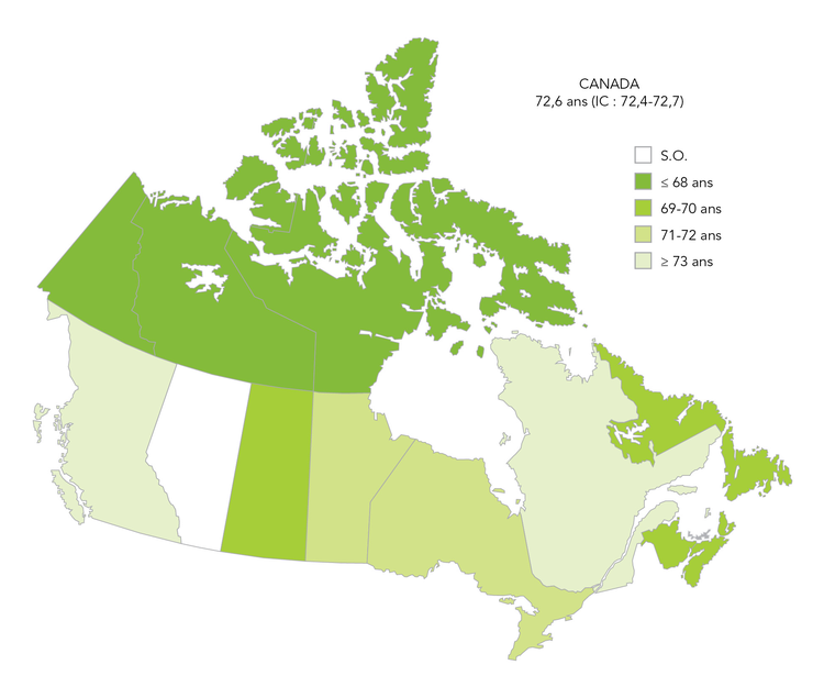 Figure 7: Espérance de vie ajustée en fonction de la santé (EVAS) par province et par territoire, Canada (2008/2009 à 2010/2011)