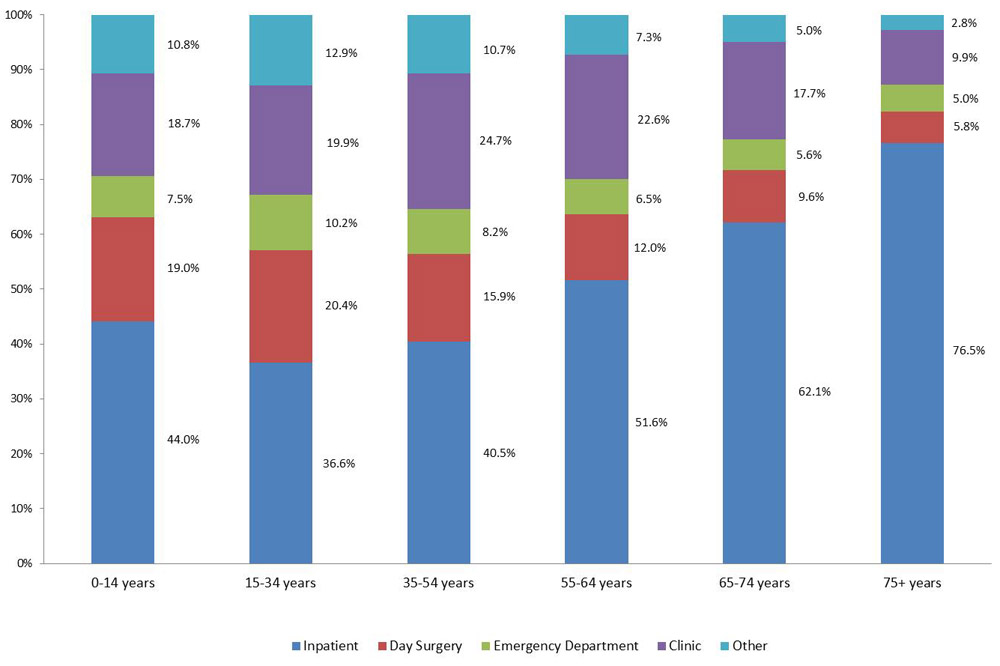 Percentage of hospital expenditures by age group and health function, Canada 2010. Text description follows.