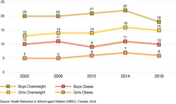 Figure 32: Percentage of boys and girls who have a body mass index
  categorized as overweight and obese, by gender and year of survey (grades 6 to 10 combined)