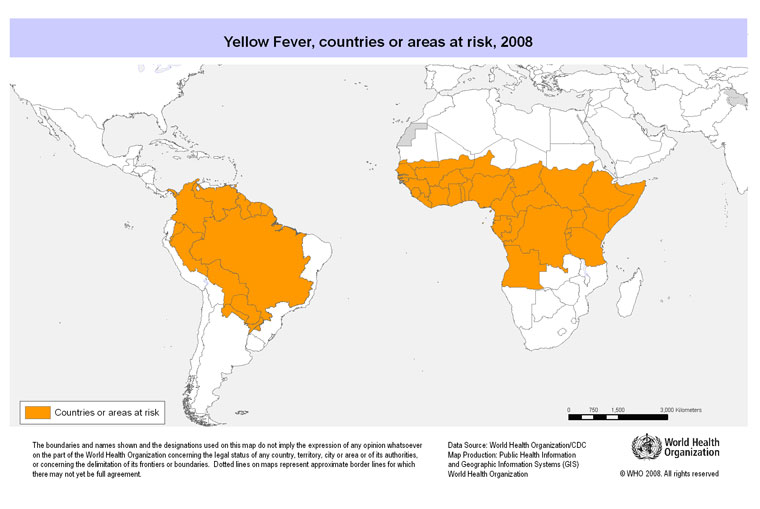 Yellow Fever, countries or areas at risk, 2008