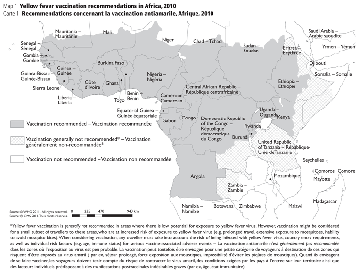 Yellow fever vaccination recommendations in Africa, 2010