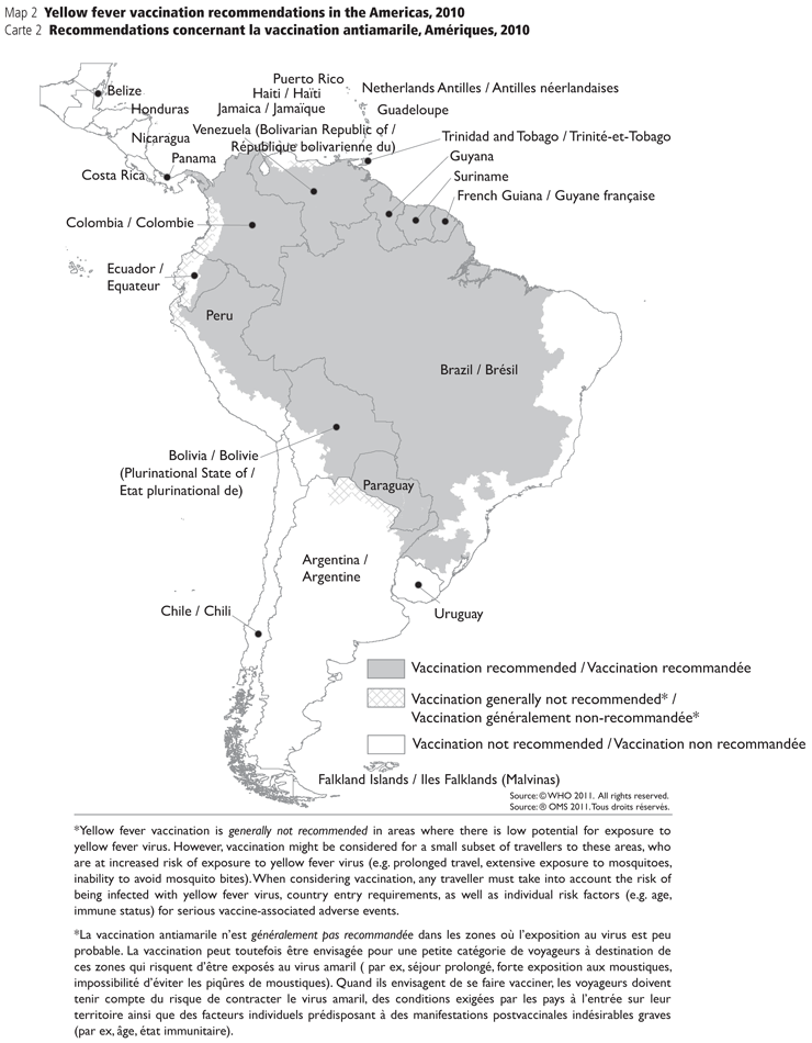 Yellow fever vaccination recommendations in the America, 2010