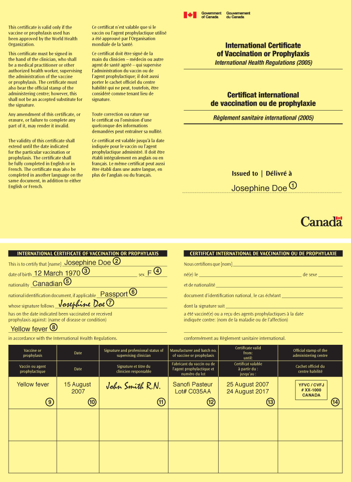Example of a Completed Copy of the International Certificate of Vaccination or Prophylaxis Issued by the Public Health Agency of Canada