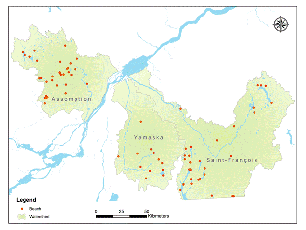 Distribution of beaches studied on the three watersheds in southern Quebec.