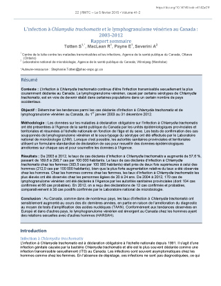 L'infection à Chlamydia trachomatis et le lymphogranulome vénérien au Canada : 2003-2012<br>Rapport sommaire