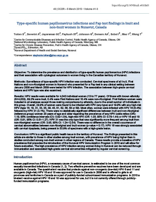 Type-specific human papillomavirus (HPV) infections and Pap test findings in Inuit and non-Inuit women in Nunavut, Canada