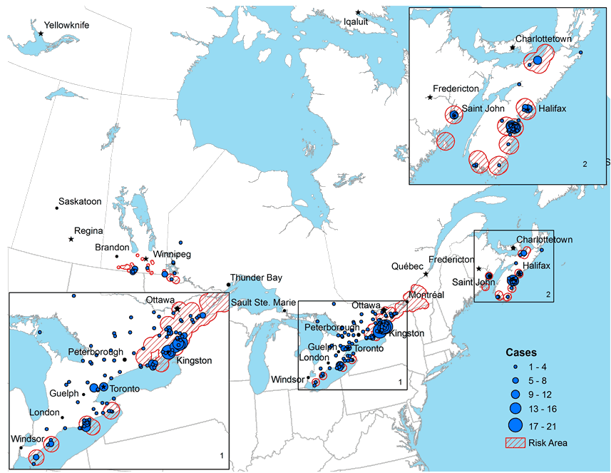 Figure 3: The reported location of acquisition of Lyme diseases acquired in Canada from 2009 to 2012