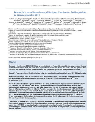Résumé de la surveillance des cas pédiatriques d'entérovirus D68 hospitalisés au Canada, septembre 2014