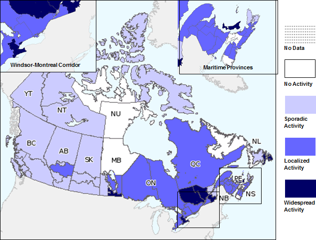 Figure 1: Map of overall influenza/ILI activity level, by province and territory, Canada, Week 6 2015Footnote 1