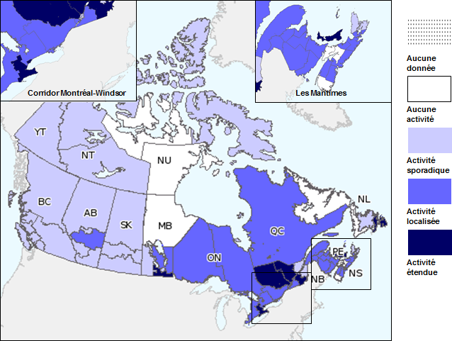 Figure 1. Carte de l'activité grippale globale de la grippe/syndrome grippal par province et territoire, Canada, semaine 6, 2015