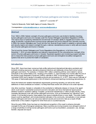 Regulatory oversight of human pathogens and toxins in Canada
