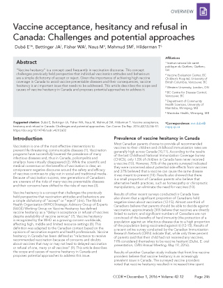Vaccine acceptance, hesitancy and refusal in Canada: Challenges and potential approaches