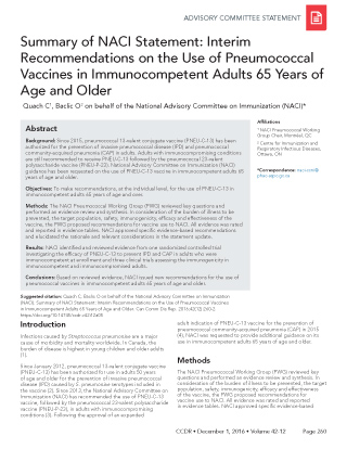 Summary of NACI Statement: Interim Recommendations on the Use of Pneumococcal Vaccines in Immunocompetent Adults 65 Years of Age and Older
