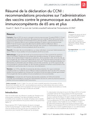Résumé de la déclaration du CCNI : recommandations provisoires sur l’administration des vaccins contre le pneumocoque aux adultes immunocompétents de 65 ans et plus