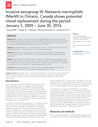 Invasive serogroup W Neisseria meningitidis (MenW) in Ontario, Canada shows potential clonal replacement during the period January 1, 2009 – June 30, 2016