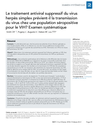Le traitement antiviral suppressif du virus herpès simplex prévient-il la transmission du virus chez une population séropositive pour le VIH? Examen systématique