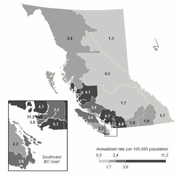 Figure 2: Shigellosis average annual incidence rate by health service delivery area in British Columbia, 2003-2012