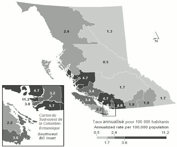 Figure 2 : Taux d'incidence moyen annuel de shigellose par région de prestation de services de santé en Colombie-Britannique