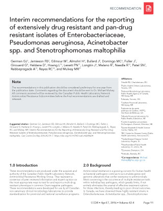 Interim recommendations for the reporting of extensively drug resistant and pan-drug resistant isolates of Enterobacteriaceae, Pseudomonas aeruginosa, Acinetobacter spp. and Stenotrophomonas maltophilia