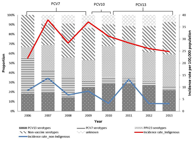Figure 1: Invasive pneumococcal disease serotype distribution by year and incidence rates (per 100,000 population) by year and ethnicity in Northern Canada, 2006–2013