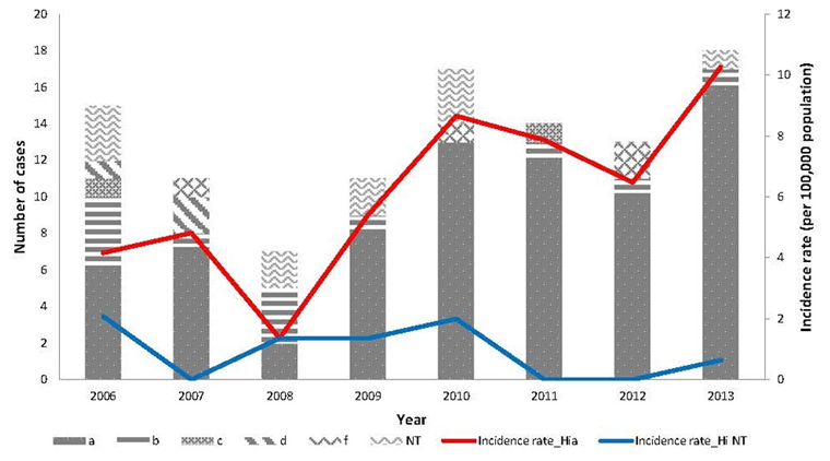 Figure 2: Serotype distribution of invasive Haemophilus influenzae disease cases and serotype specific incidence rates in Northern Canada, by year, 2006–2013