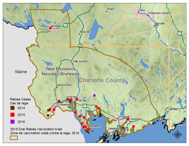 Figure 1: Raccoon rabies variant cases in New Brunswick in 2014 and 2015, and oral rabies vaccination (ORV) zone of response in 2015