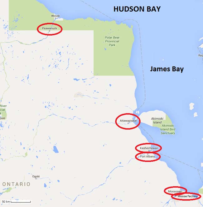 Figure 1 : Carte de la région côtière de la baie d’Hudson et de la baie James en Ontario, les communautés desservies par l’autorité sanitaire de la région de Weeneebayko étant indiquées par des cercles rouges