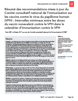 Résumé des recommandations mises à jour du Comité consultatif national de l’immunisation sur les vaccins contre le virus du papillome humain (VPH) : Intervalles minimaux entre les doses du vaccin nonavalent contre le VPH dans le calendrier d’immunisation contre le VPH