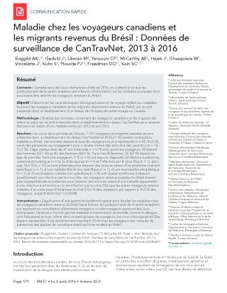 Maladie chez les voyageurs canadiens et les migrants revenus du Brésil : Données de surveillance de CanTravNet, 2013 à 2016