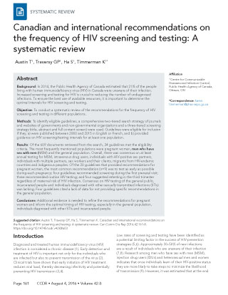 Canadian and international recommendations on the frequency of HIV screening and testing: A systematic review