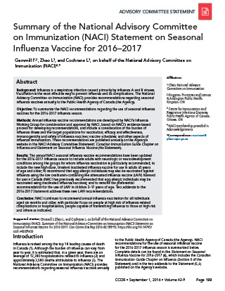 Summary of the National Advisory Committee on Immunization (NACI) Statement on Seasonal Influenza Vaccine for 2016–2017