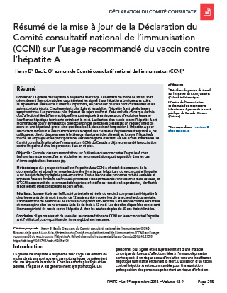 Résumé de la mise à jour de la Déclaration du Comité consultatif national de l’immunisation (CCNI) sur l’usage recommandé du vaccin contre l’hépatite A