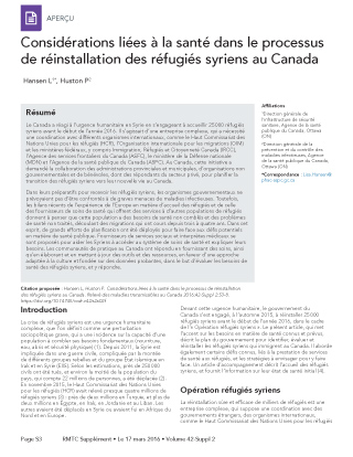Considérations liées à la santé dans le processus de réinstallation des réfugiés syriens au Canada