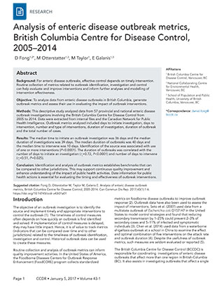 Analysis of enteric disease outbreak metrics, British Columbia Centre for Disease Control, 2005–2014